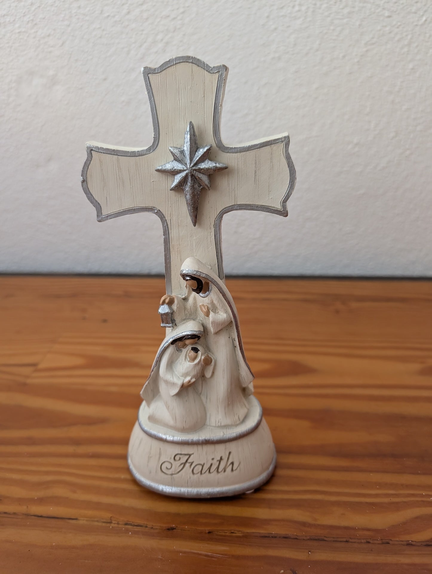 "Faith" Nativity Cross from Unknown -  Holiday Decor (Resin Figurine / Decor, Religious, Traditional, Cream, Silver)