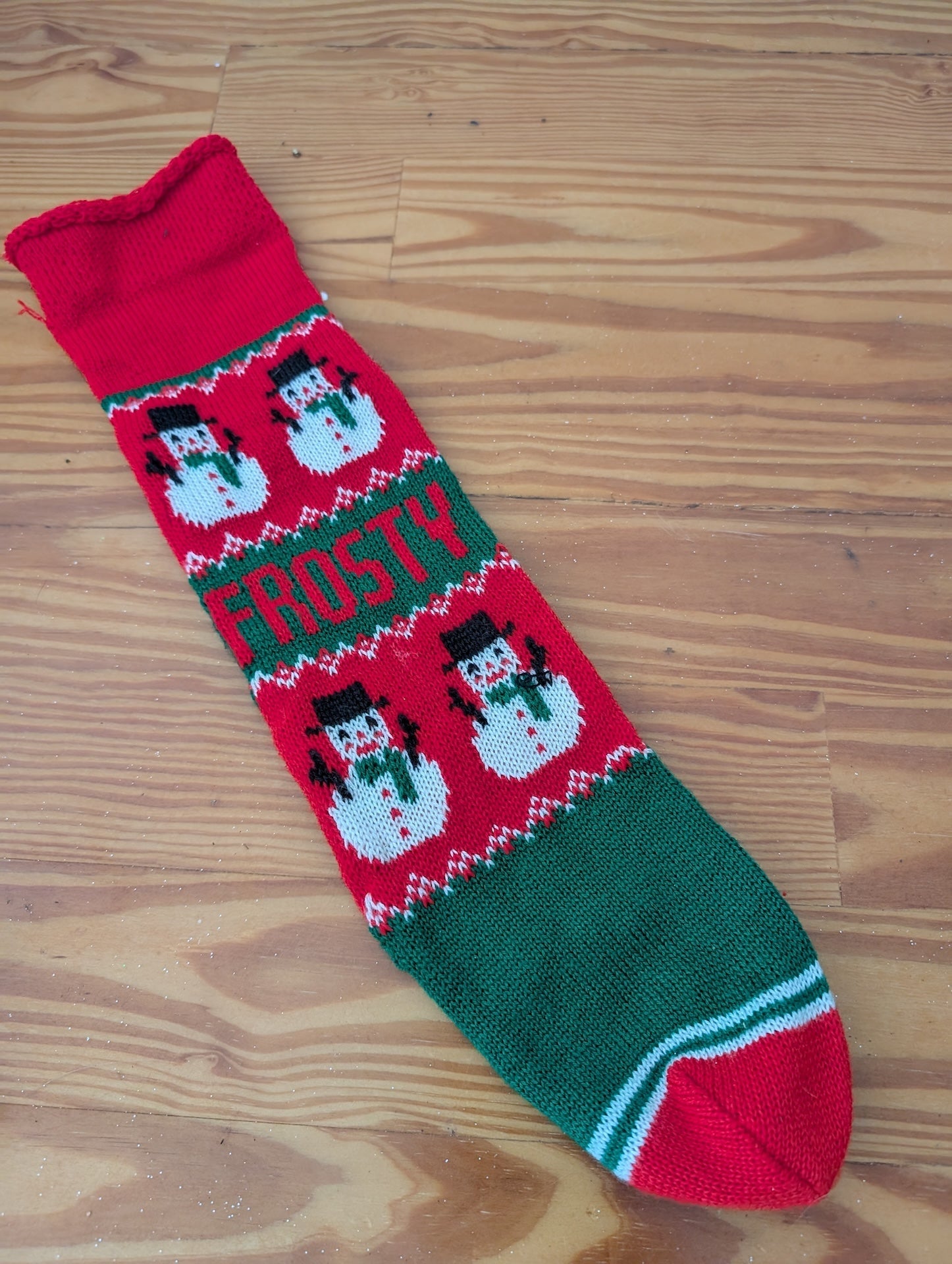 "FROSTY" Knitted Stocking from Unknown -  Linens (Wool or Acrylic Yarn Stocking, Traditional, Kids, Red, Green, White, Black)