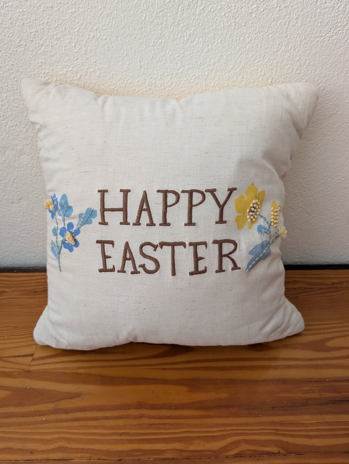 "Happy Easter" Pillow from Unknown -  Home Decor (Linen Blend, Embroidery Floss Decorative Pillow, Farmhouse, Cottagecore, Easter, Off-white, Brown, Blue, Yellow)