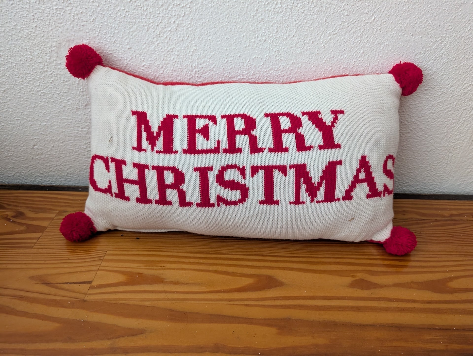 "Merry Christmas" Knit Pillow from Unknown -  Holiday Decor (Knit Fabric (Acrylic/Cotton) Decorative Pillow, Christmas, Farmhouse, White, Red)