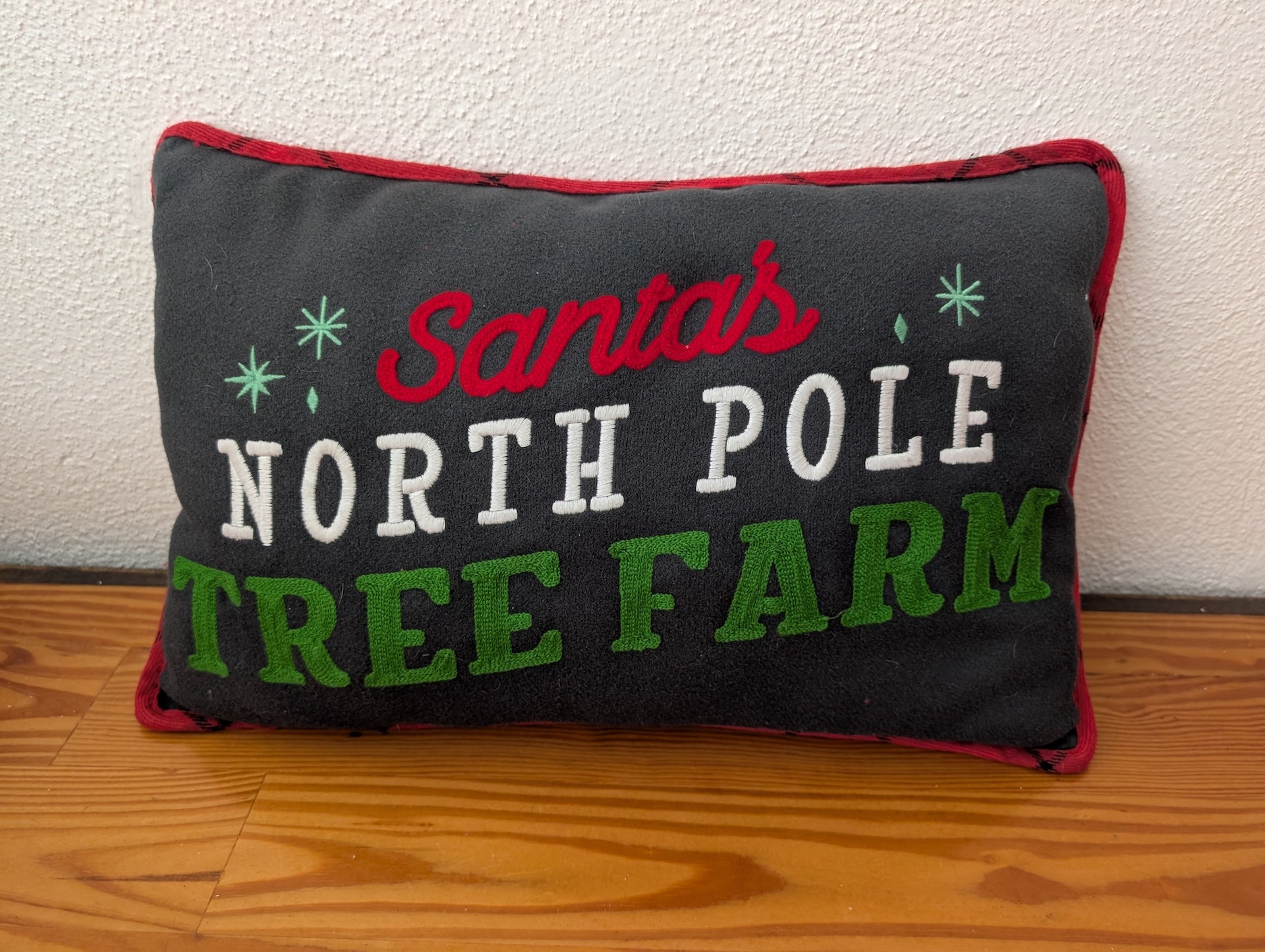 "North Pole Tree Farm" Pillow from Unknown -  Holiday Decor (Felt or Canvas Decorative Pillow, Christmas, Farmhouse, Rustic, Black, Red, Green, White)