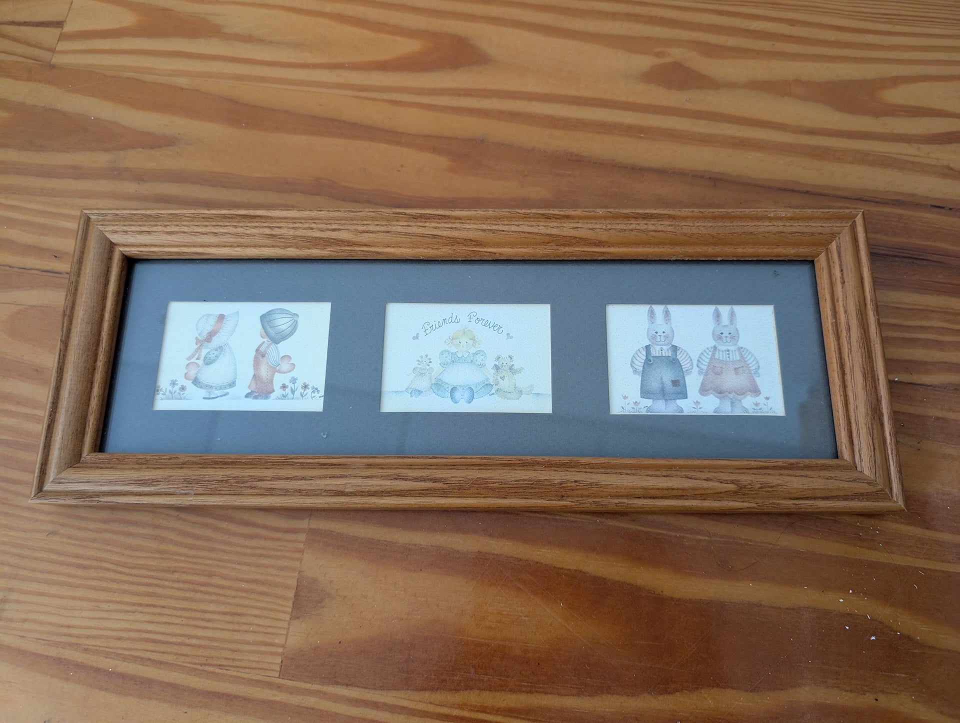 "Friends Forever" Triptych from Unknown -  Wall Decor (Wood, Glass, Paper Framed Print, Nursery, Cottagecore, Kids, Oak, Grey, Pastels)