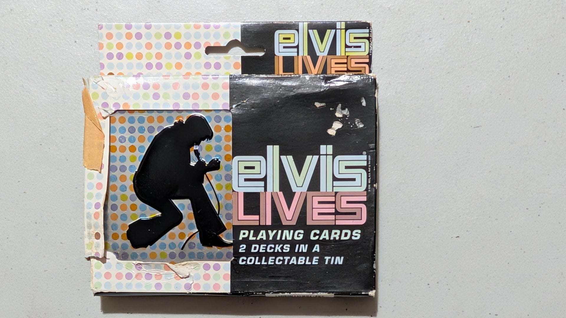 "Elvis Lives" Playing Cards with Tin from Unknown - 1990s Collectible (Card Stock, Tin, Cardboard Playing Cards, Games, Retro, Black, Multicolored, Collectable, Vintage, Original)