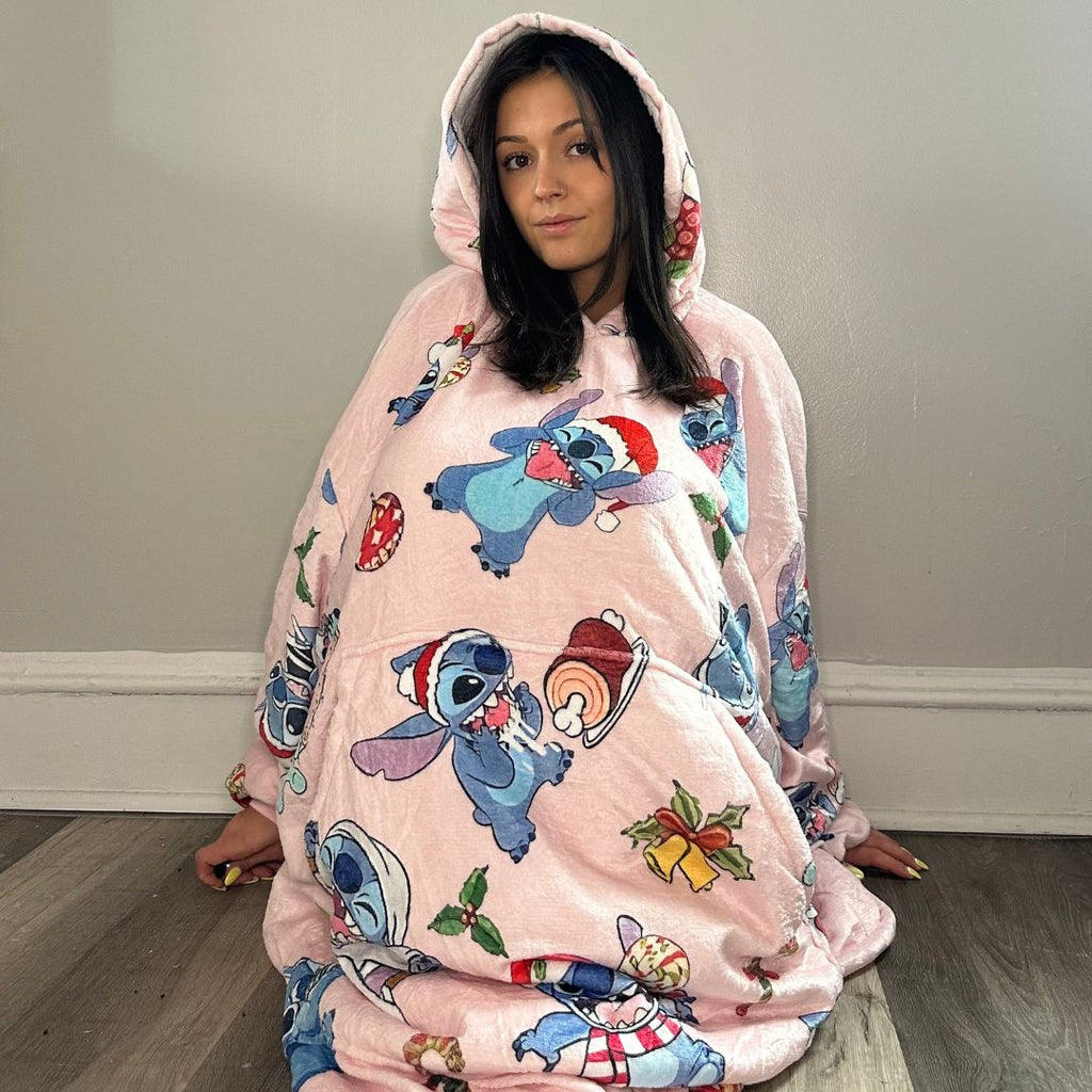 Stitch Oversized Wearable Blanket Hoodie – Pink Sherpa for Kids & Adults | OLM Toys